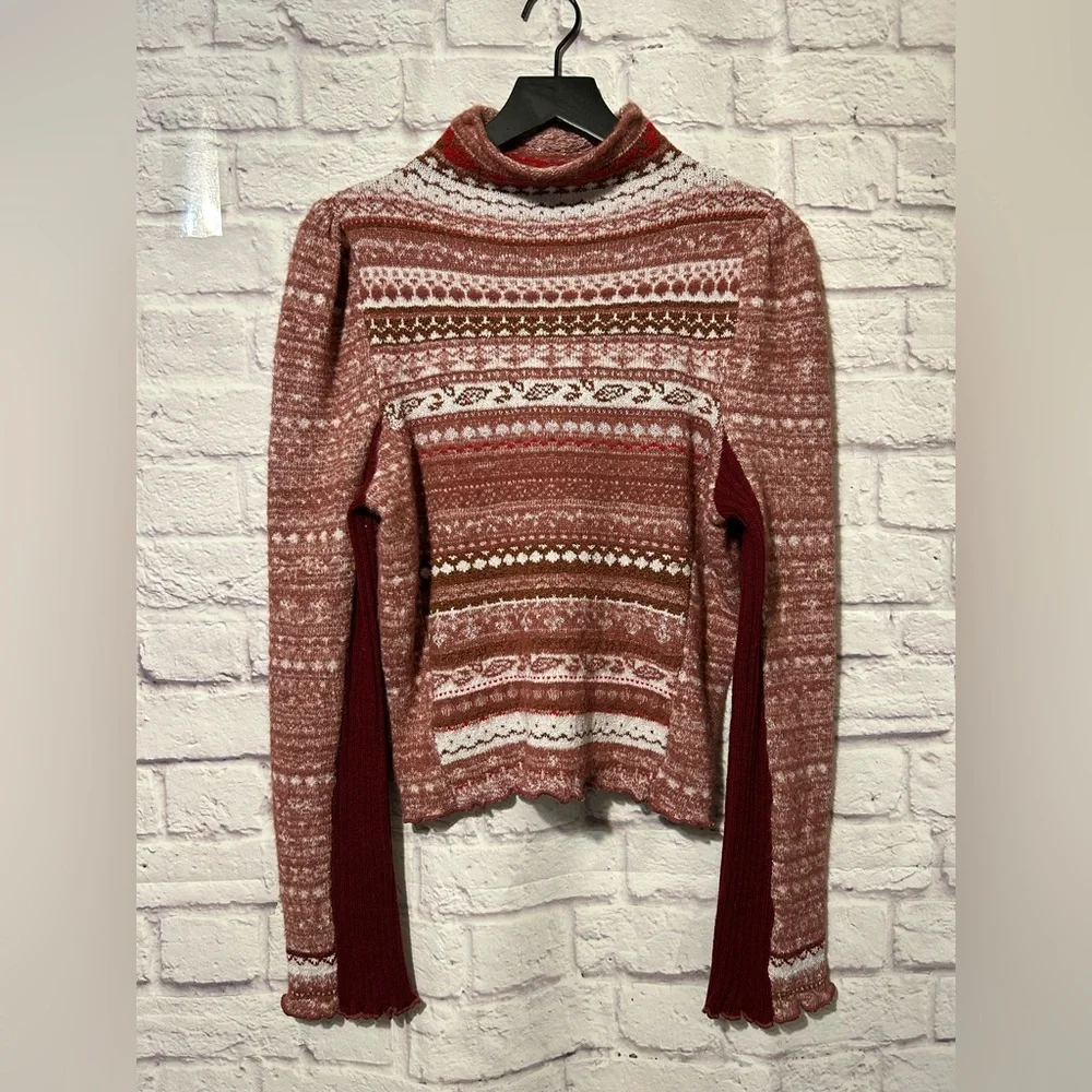 Free People Red & White Fair Isle Turtleneck Sweater
